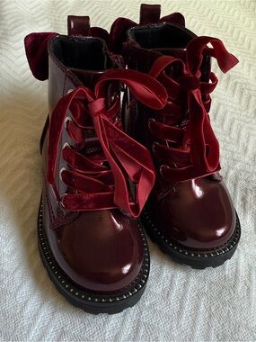 Toddler Burgundy Velvet Lace-Up Combat Boots